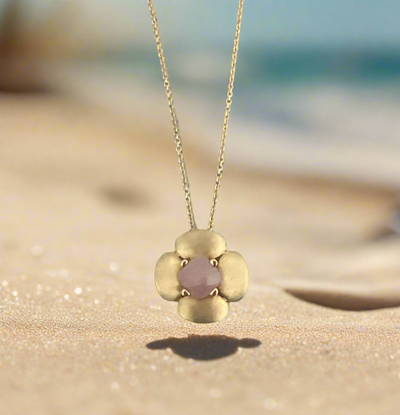 Pink Quartz with Gold Satin Finish Floral Necklace 18K Gold