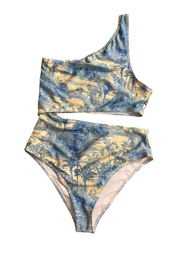 Noli Cut Out Swimsuit in baby blue and pale yellow, size small, full coverage.